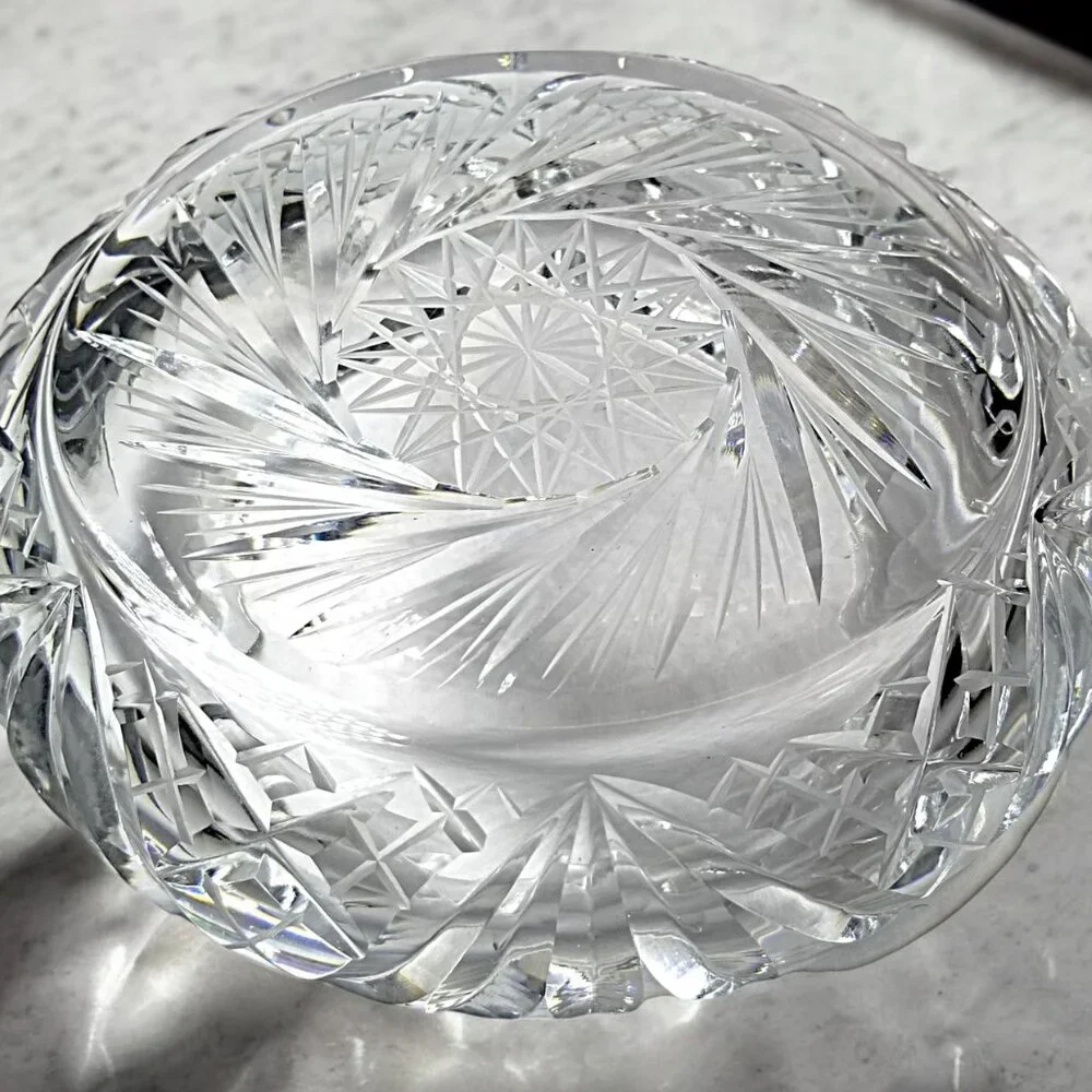Bohemian Cut Crystal Heavy Ashtray-Exquisite Czech Pinwheel Swirl & Star Design